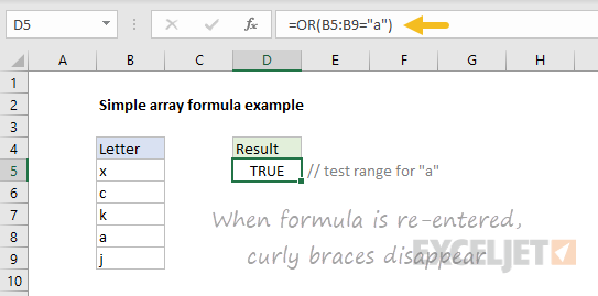 Simple array formula with curly braces not visible