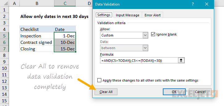 Use the Clear All button to remove data validation