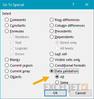 Select data validation with go to special dialog