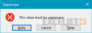 Example data validation error alert message