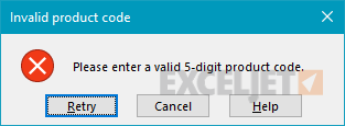 data validation error alert invalid product code example
