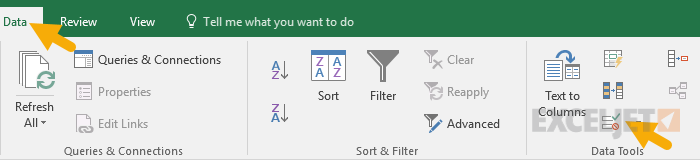 Data validation controls on the data tab of the ribbon