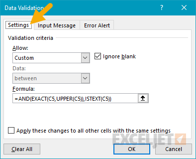 Data validation settings tab example