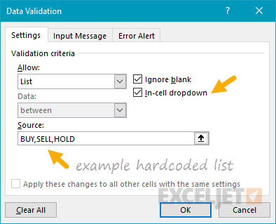 Data validation dropdown menu with hardcoded values