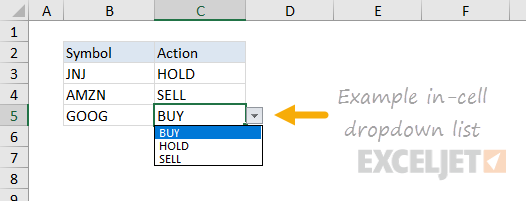 Example data validation dropdown menu