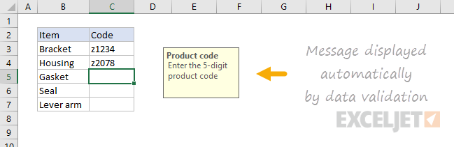 Example data validation message displayed when cell selected