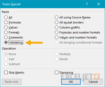 Using paste special to copy data validation