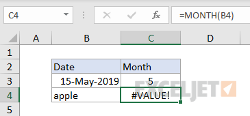 Excel #VALUE! error example with MONTH function