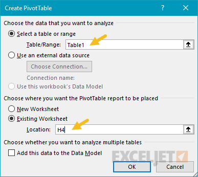 Create Pivot Table window