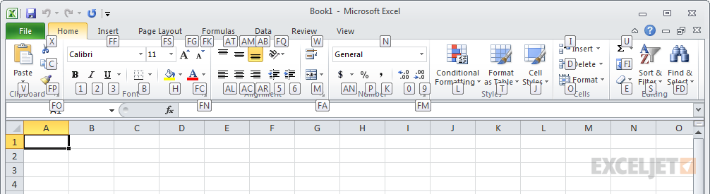 Excel ribbon in windows with accelerator keys visible