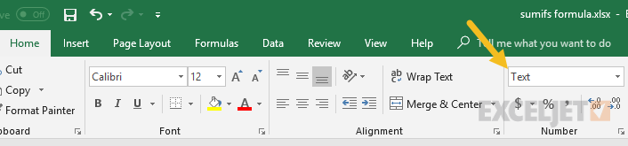 Ribbon - cell format is set to Text