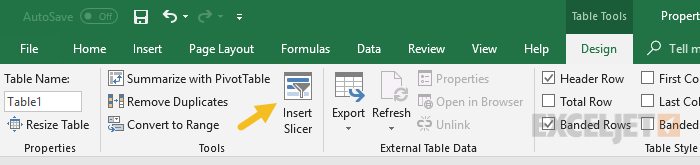 Insert slicer for an Excel Table