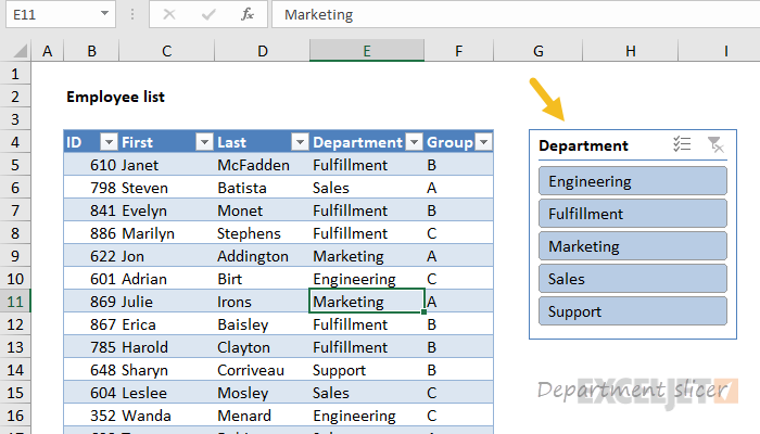 Excel Table with slicer added
