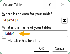 The Create Table dialog now includes a name field