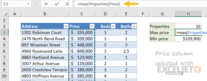 Enter structured references by selecting