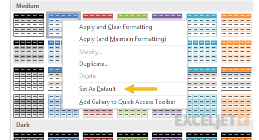 Set a table style as default