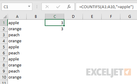 COUNTIFS example - count cells equal to "apple"