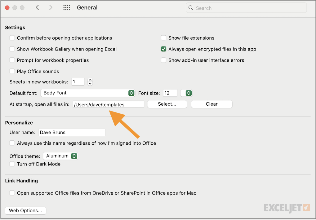 Setting a custom startup folder in Excel Preferences on the Mac