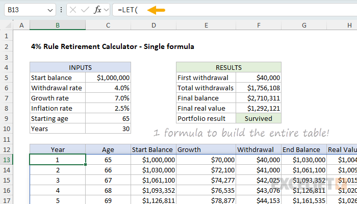 Modeling the 4% rule with a single dynamic array formula
