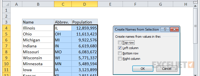 Create names from selection with data and labels selected