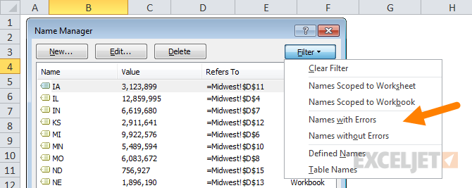Name Manager filter menu