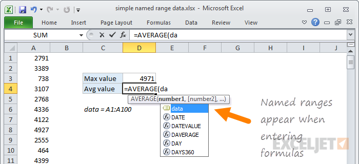 Named ranges appear when entering formulas