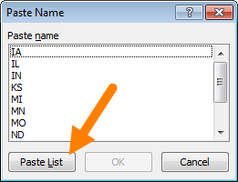 Paste names dialog box
