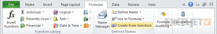 Create names from selection command on ribbon