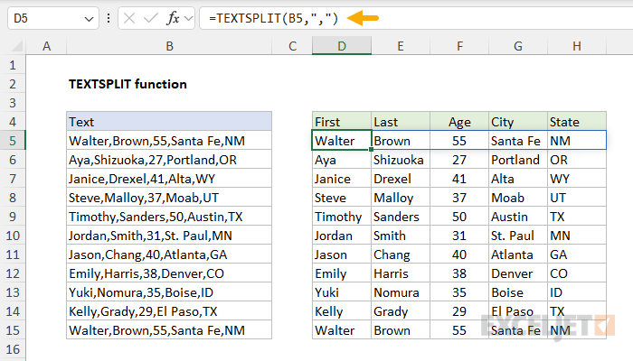 TEXTSPLIT function example