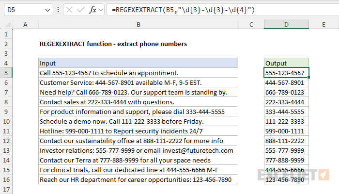Example the REGEXEXTRACT function with telephone numbers