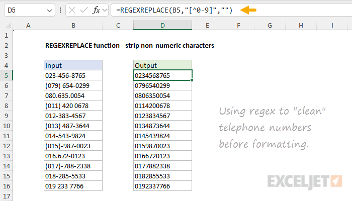 Example the REGEXREPLACE function to clean telephone numbers
