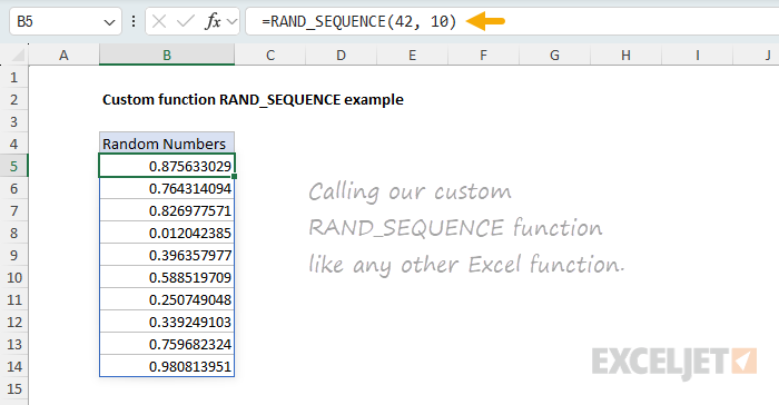 Calling our custom RAND_SEQUENCE function like other Excel functions
