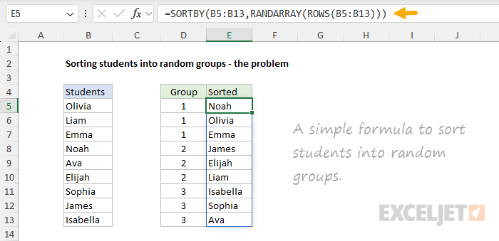 A simple formula to randomly sort students into groups