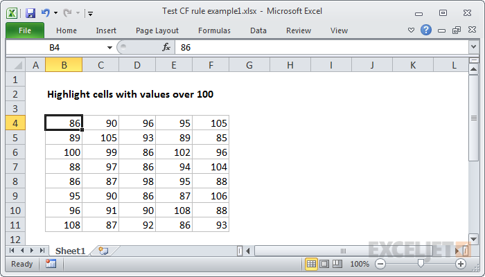 Problem - highlight values over 100 with a conditional formatting rule