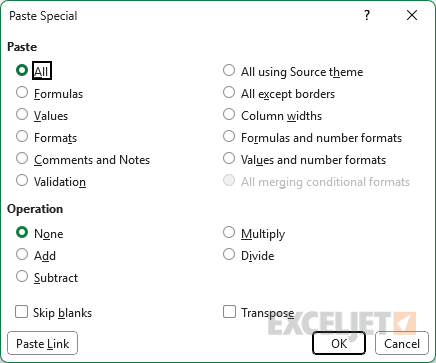 Paste Special dialog box