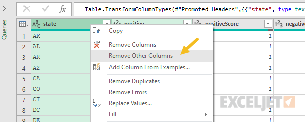 Right-click, select Remove Other Columns