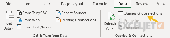 Ribbon > Data tab > Queries and Connections