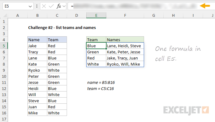 Formula Challenge #2 - list teams and names with one formula