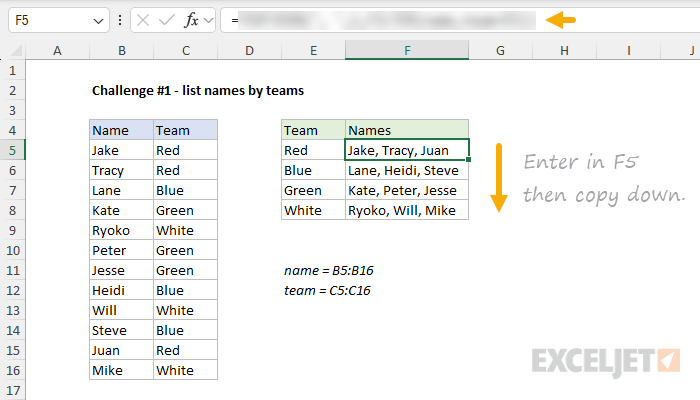 Formula challenge - list names by teams