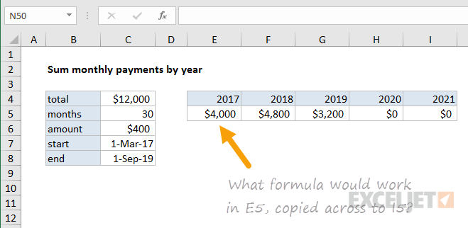 What formula works in E5, copied across to I5?