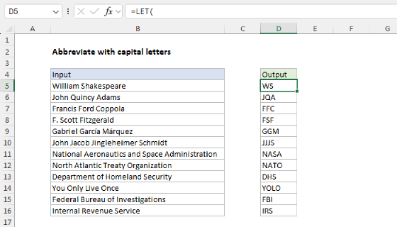Excel Abbreviate names or words