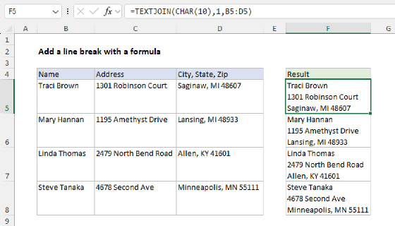 Excel Add a line break with a formula