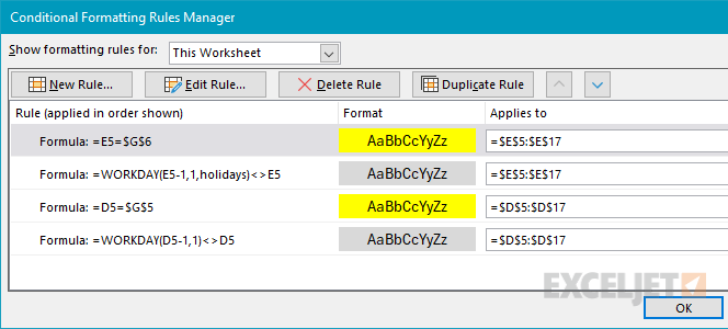 The worksheet uses four conditional formatting rules