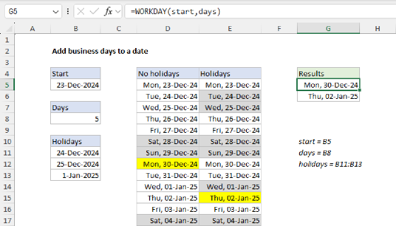Excel Add business days to date