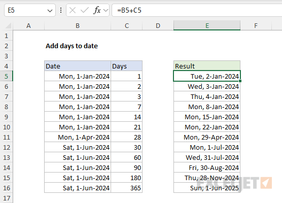Example - add days to date with a cell reference