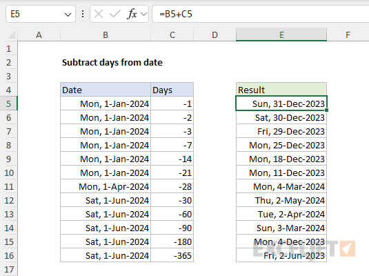 Example - subtract days from date with a cell reference