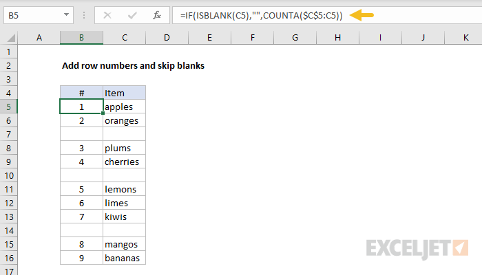 Add row numbers and skip blanks