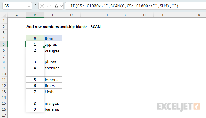 Add row numbers and skip blanks