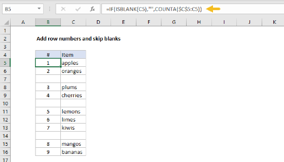 Excel Add row numbers and skip blanks