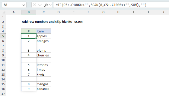 Excel Add row numbers and skip blanks